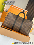 Men's satchel in brown monogram with two handles and front strap; rectangular silhouette.