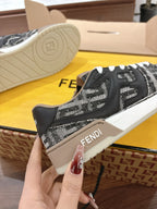 Fendi unisex low-top sneakers, black patterned knit with white laces and beige midsole