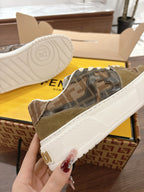 Fendi sneakers with brown and olive FF panels and thick white sole, heel detail