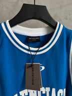Blue sleeveless jersey neckline with Balenciaga inner label and hang tag