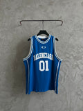 Balenciaga blue sleeveless jersey with white trim and “01” graphic