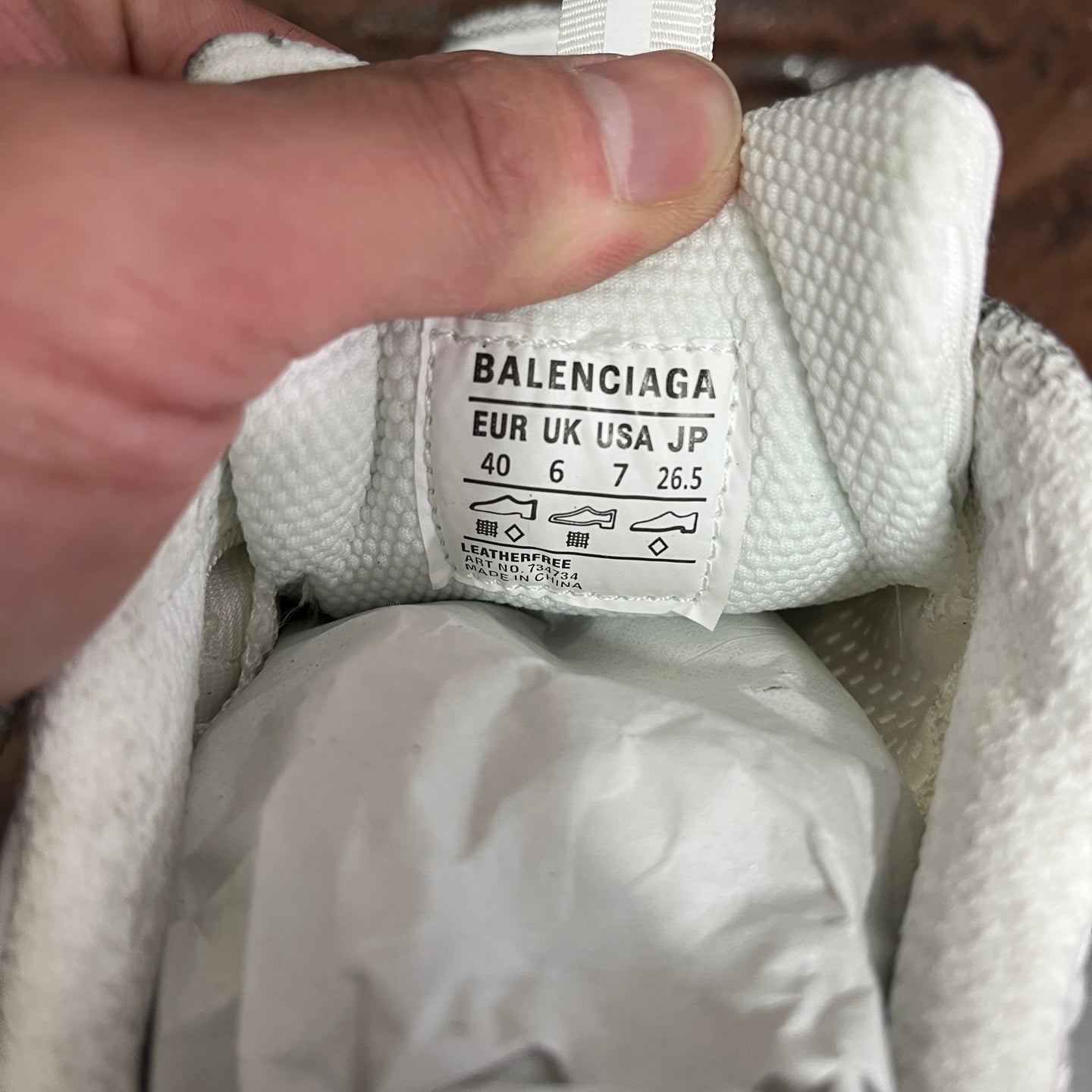 Balenciaga unisex sneaker size label inside showing EU, UK, and US sizing in white