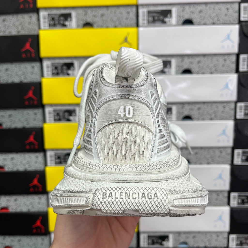 Balenciaga unisex sneaker heel in white with textured knit panels and logo print