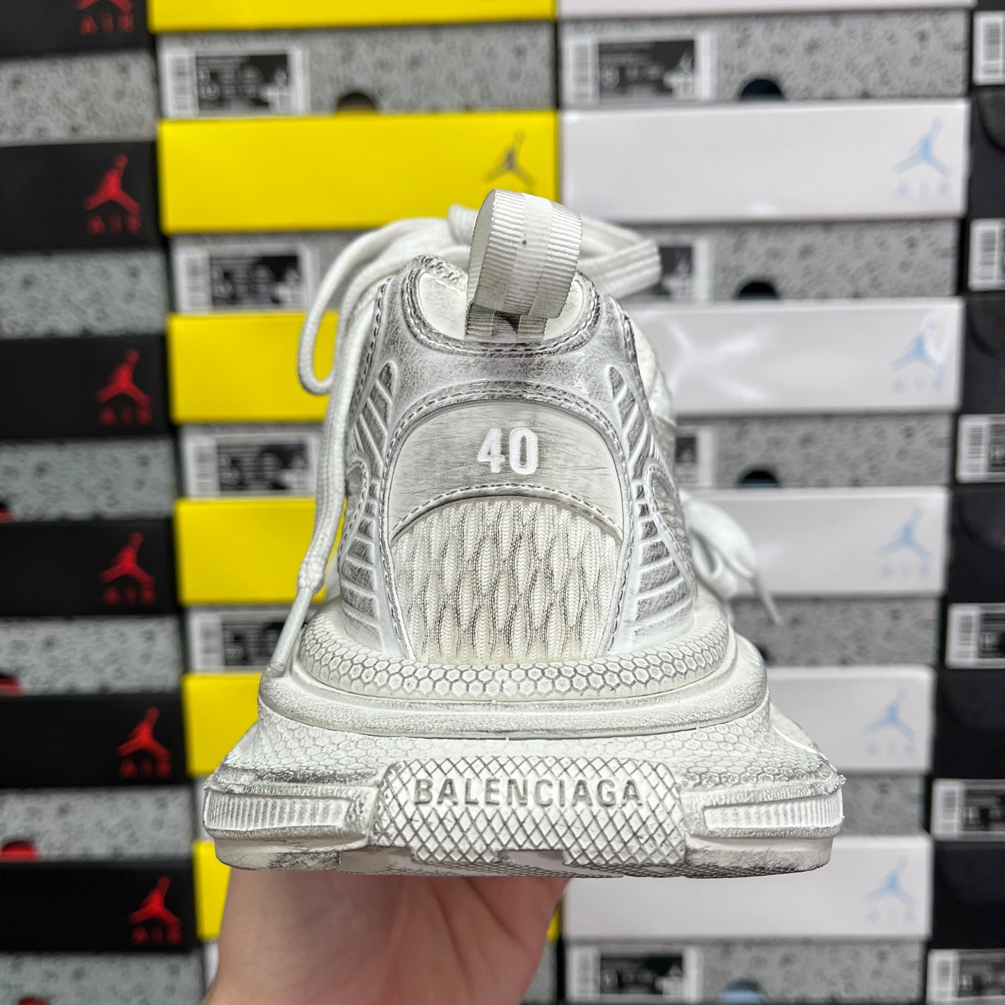 Balenciaga unisex sneaker heel in white with textured knit panels and logo print