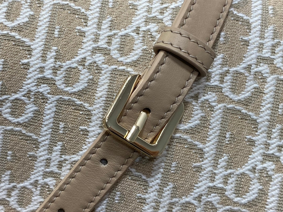 Dior monogram bag close-up: beige strap with rectangular gold buckle