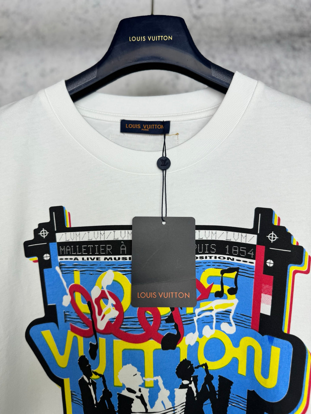Louis Vuitton short-sleeve T-shirt, white with colorful front graphic and black neck tag