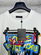 Louis Vuitton short-sleeve T-shirt, white with colorful front graphic and black neck tag