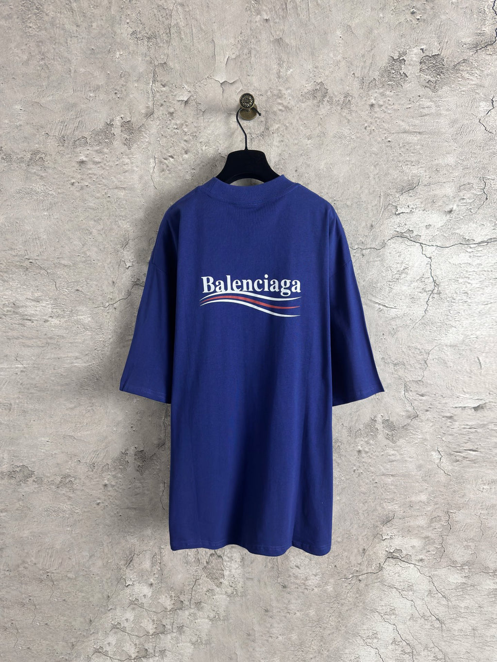 Blue Balenciaga crew-neck T-shirt with short sleeves and large back logo print.