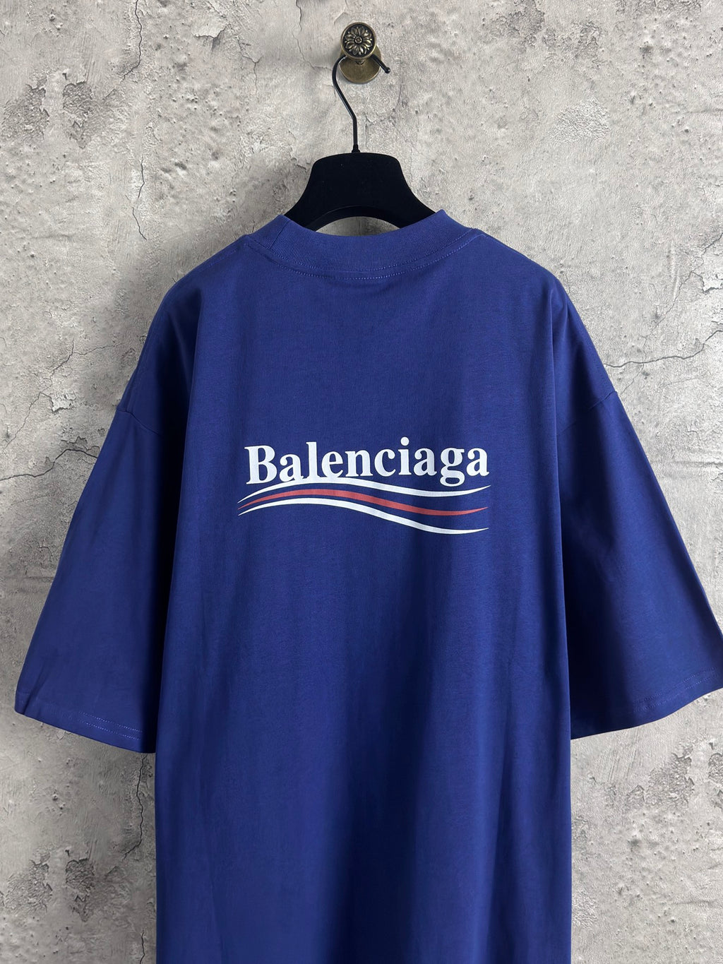 Blue Balenciaga crew-neck T-shirt with short sleeves and centered back logo print.