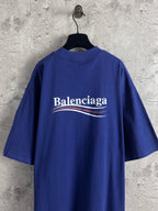 Blue Balenciaga crew-neck T-shirt with short sleeves and centered back logo print.