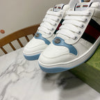 Gucci unisex sneakers front pair, white leather with blue sole and green-red side stripe