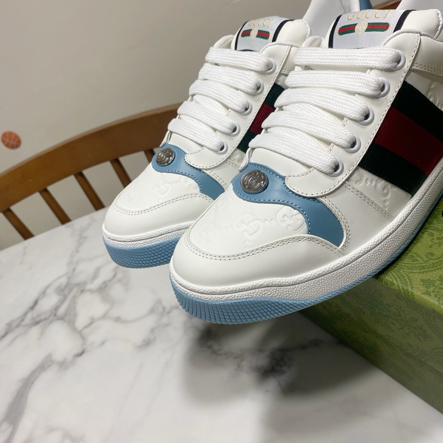 Gucci unisex sneakers front pair, white leather with blue sole and green-red side stripe