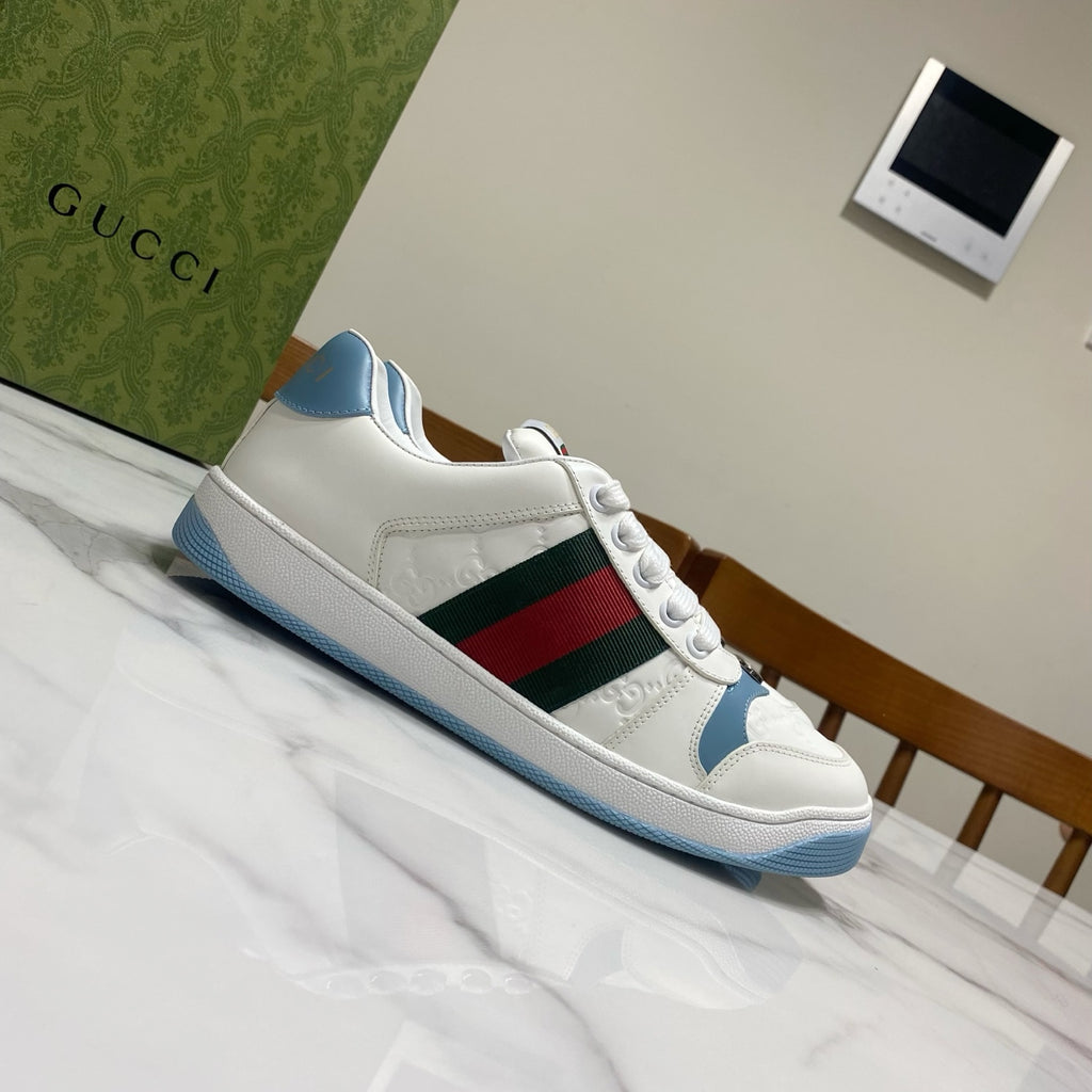 Gucci unisex low-top sneakers, white upper with blue sole and green-red stripe on side