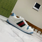Gucci unisex low-top sneakers, white upper with blue sole and green-red stripe on side