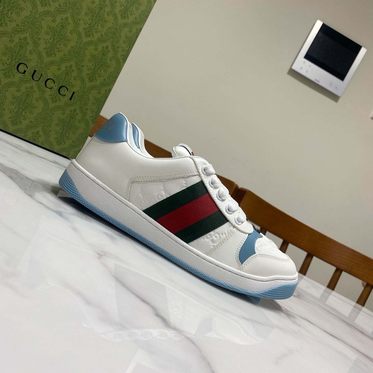 Gucci unisex low-top sneakers, white upper with blue sole and green-red stripe on side