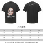 Balenciaga black graphic T-shirt, front portrait and back script logo