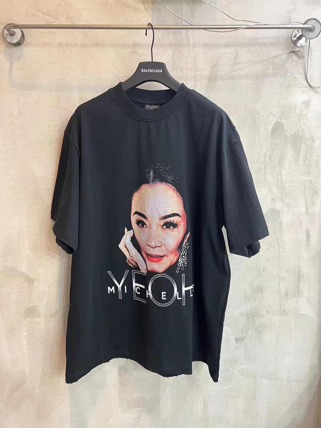Balenciaga black graphic T-shirt with portrait and MYCELH lettering