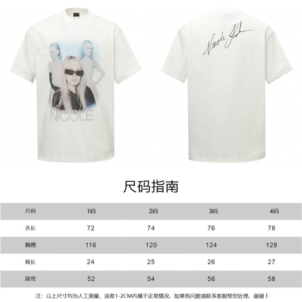 White Balenciaga crewneck T-shirt showing Nicole print front and signature back