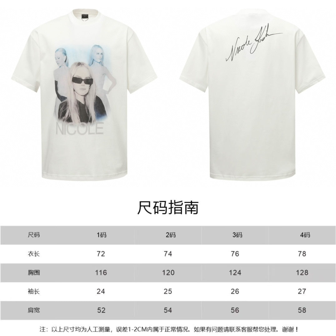 White Balenciaga crewneck T-shirt showing Nicole print front and signature back