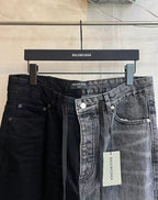 Denim pants with front pockets and button closure, black wash, wide leg.