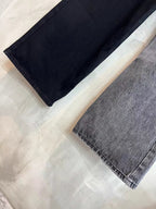 Wide-leg denim pants, dark fabric with straight hem.