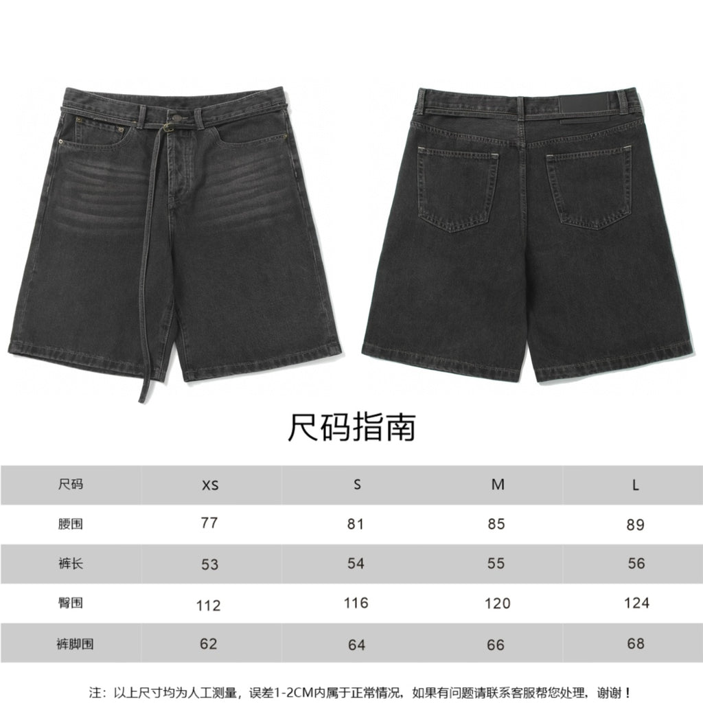Pair of dark denim shorts shown with sizing chart overlay and flat-lay views