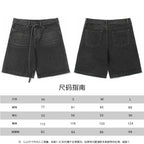 Pair of dark denim shorts shown with sizing chart overlay and flat-lay views