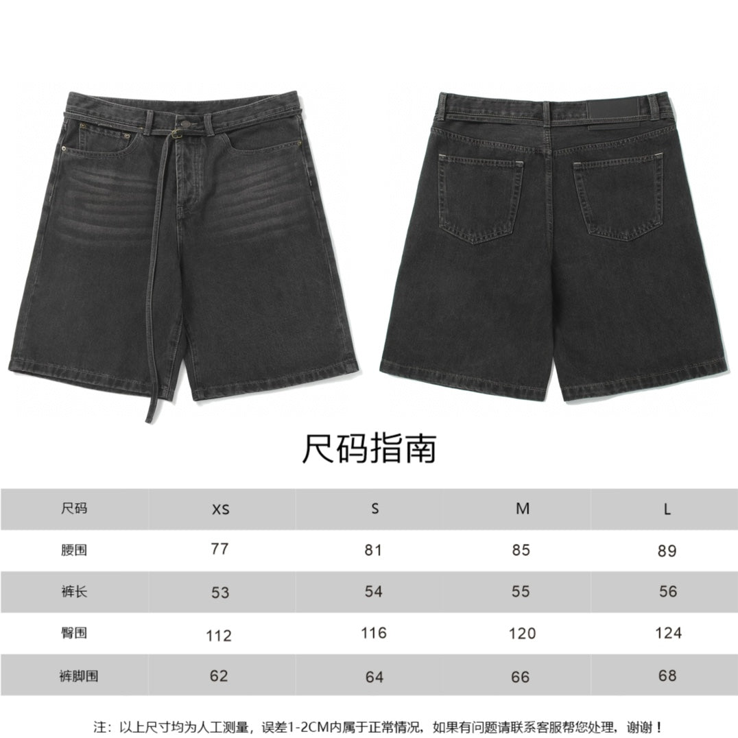 Pair of dark denim shorts shown with sizing chart overlay and flat-lay views