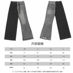 Size chart for denim pants with waist, rise, and inseam measurements for XS to L.