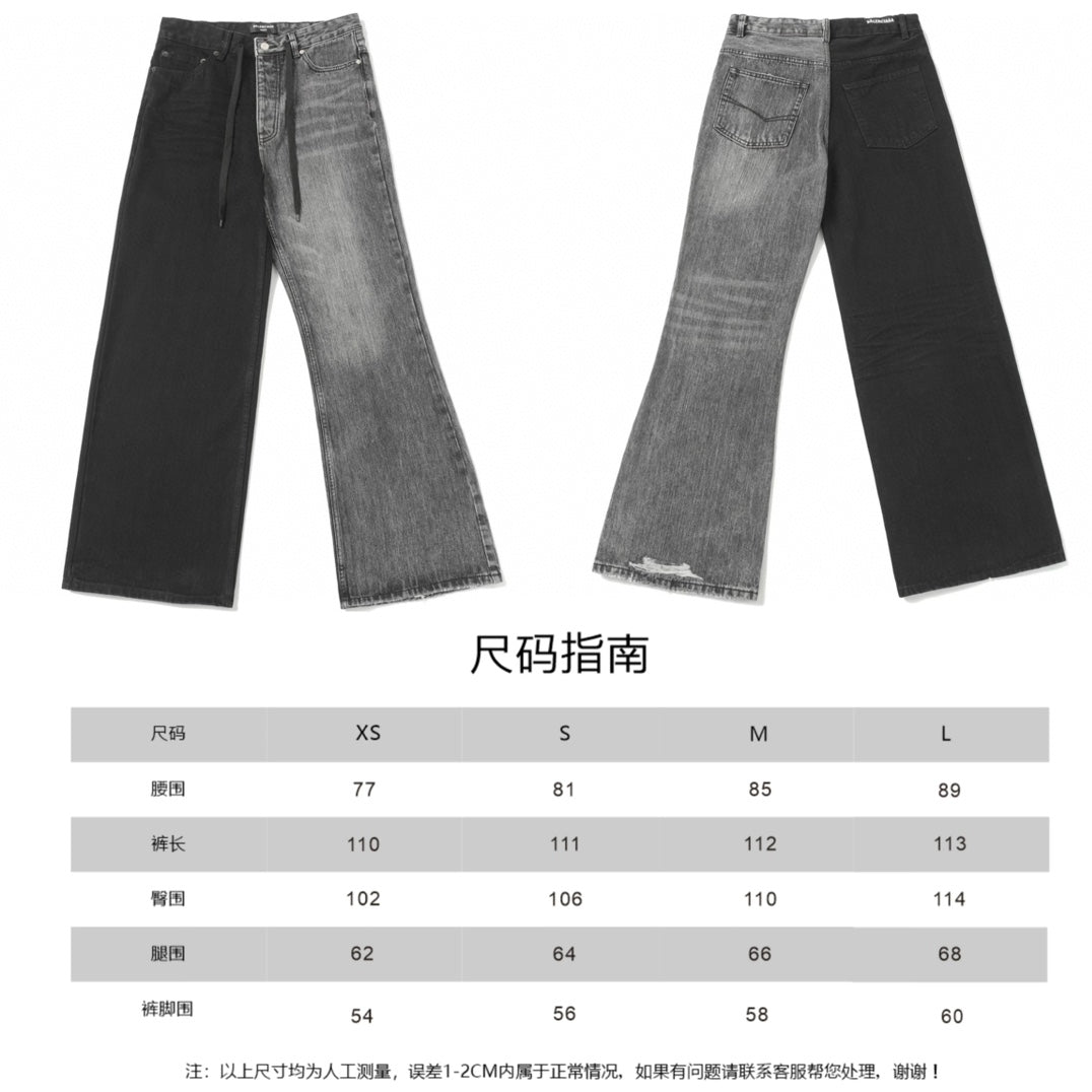 Size chart for denim pants with waist, rise, and inseam measurements for XS to L.
