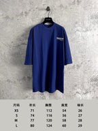 Blue Balenciaga crew-neck T-shirt front view, with size measurements chart below.