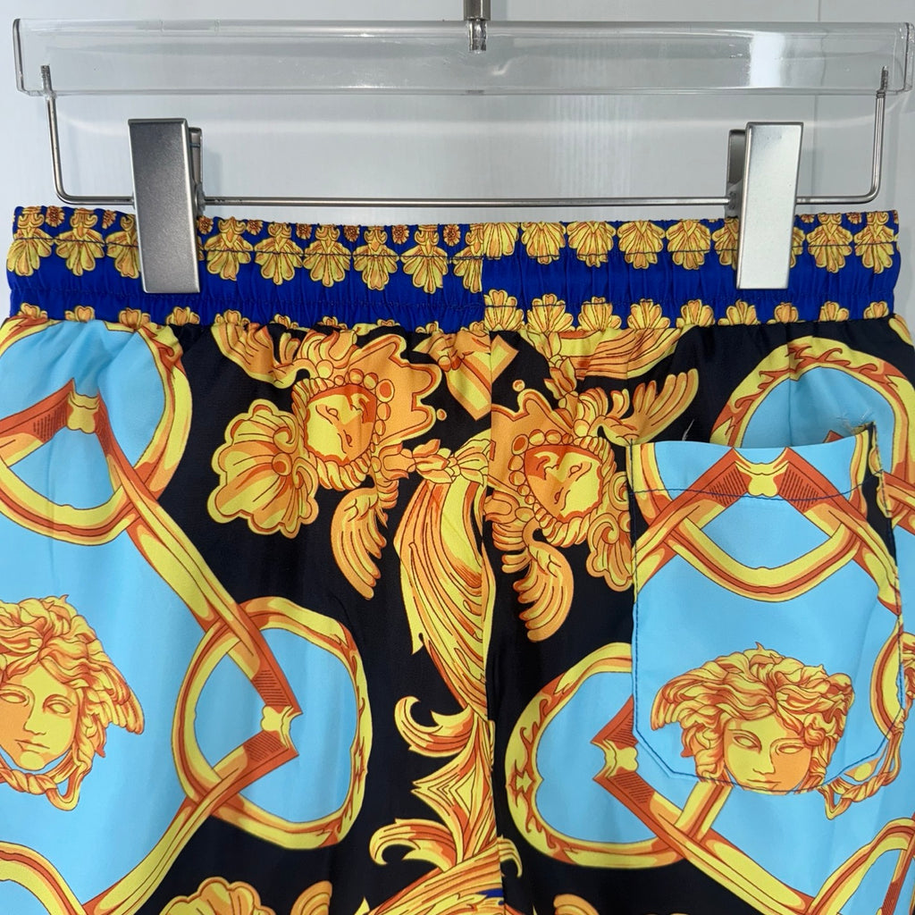 Versace baroque print shorts waistband with gold trim, black and light-blue pattern