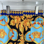 Versace baroque print shorts waistband with gold trim, black and light-blue pattern