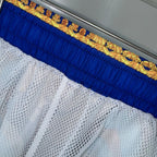 Versace blue and white mesh-lined shorts hem with gold patterned waistband