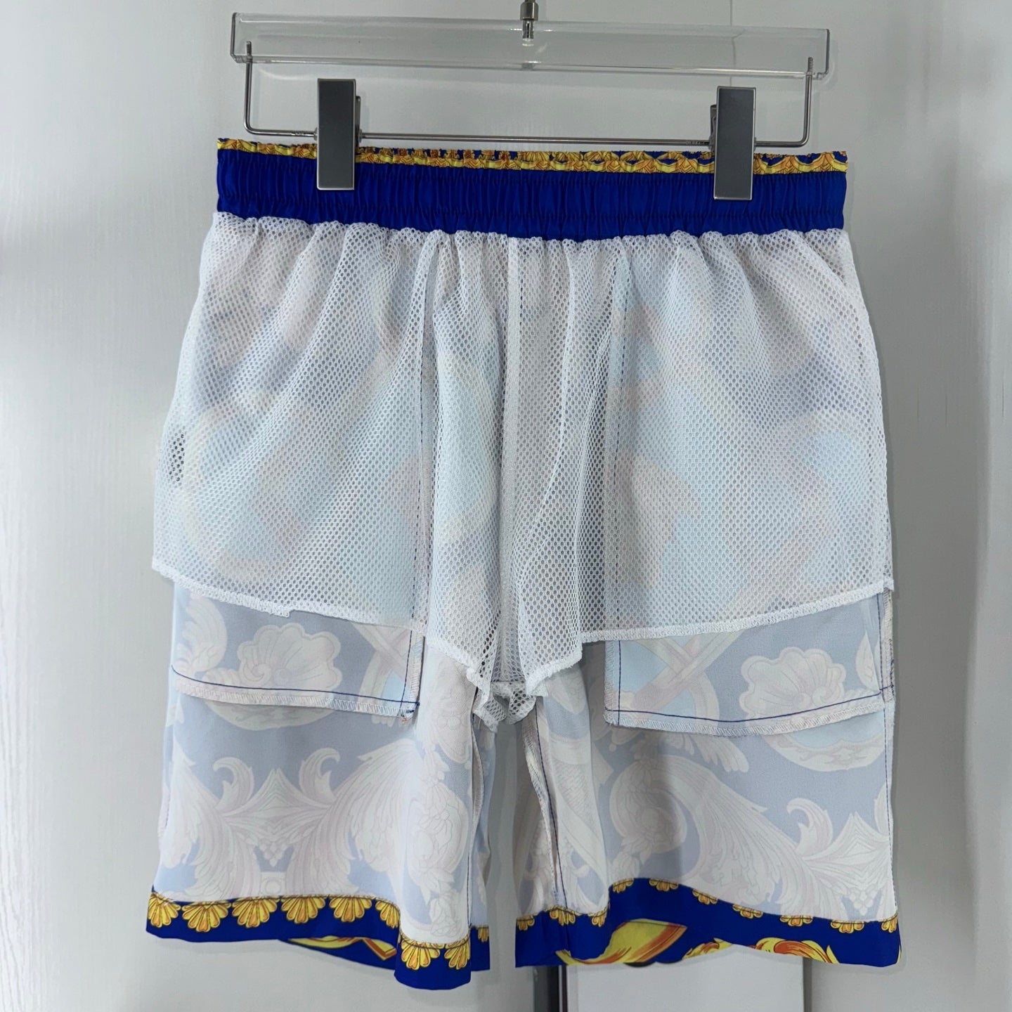 Versace sheer white shorts with blue waistband elastic and gold border trim