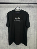 Black short-sleeve T-shirt with rhinestone "louis" graphic on the front