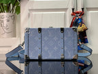 Men's Louis Vuitton trunk bag, light blue monogram with silver studs and shoulder strap