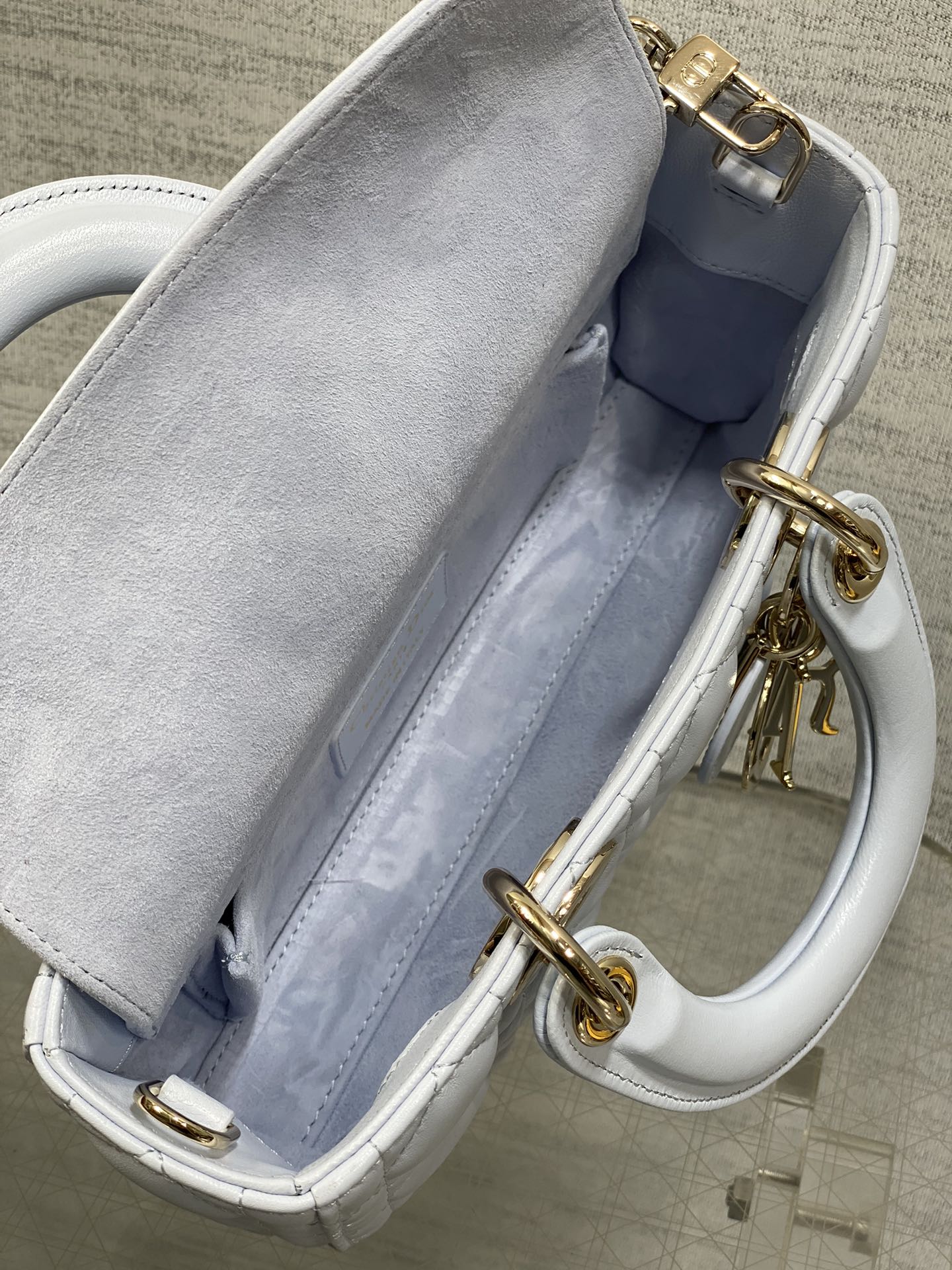 Light blue interior lining with gold-tone rings and clasp hardware on handbag