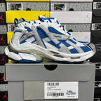 White and blue Balenciaga runner sneakers with blue mesh panels and white laces
