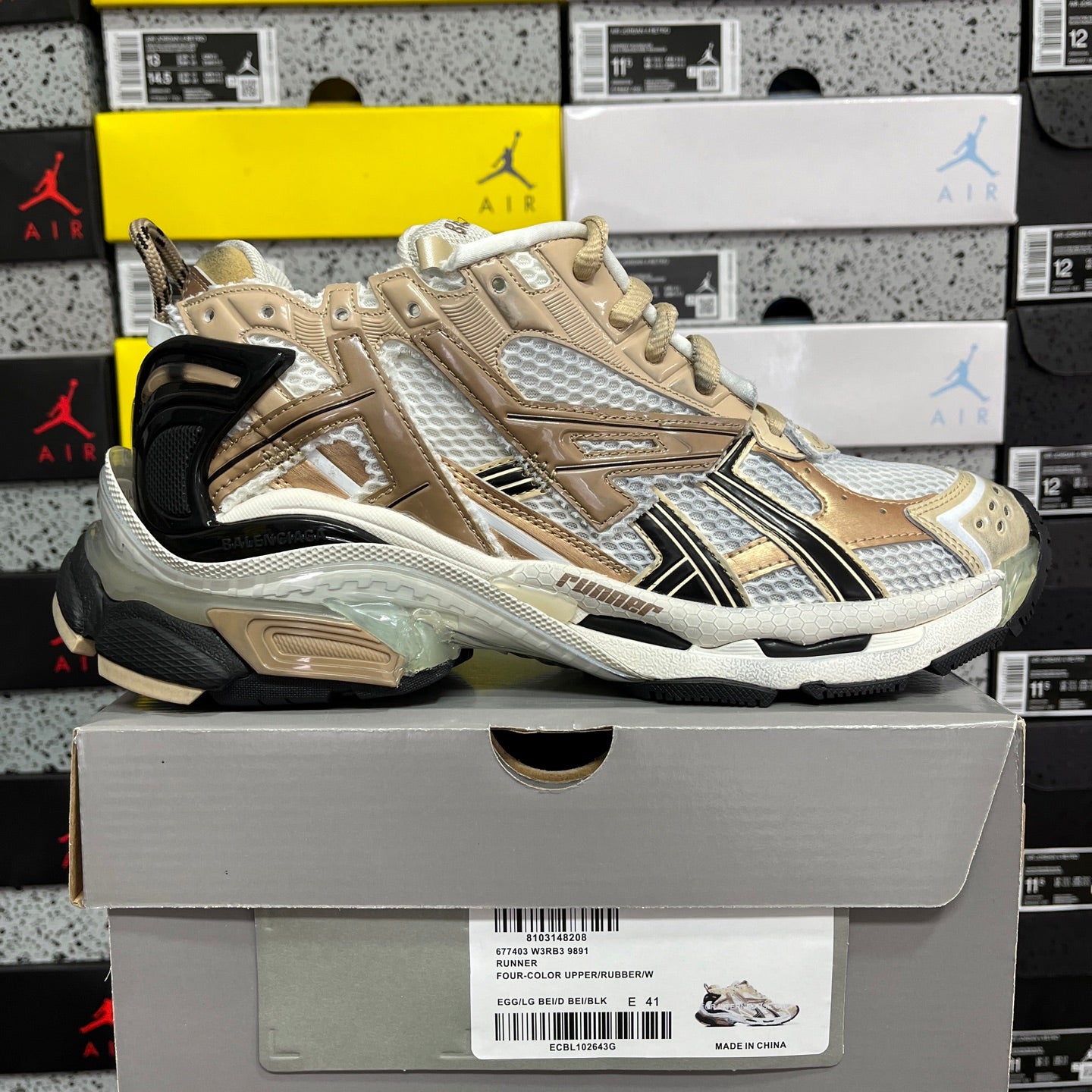 Balenciaga unisex sneakers in light gold and white mesh with black side panel