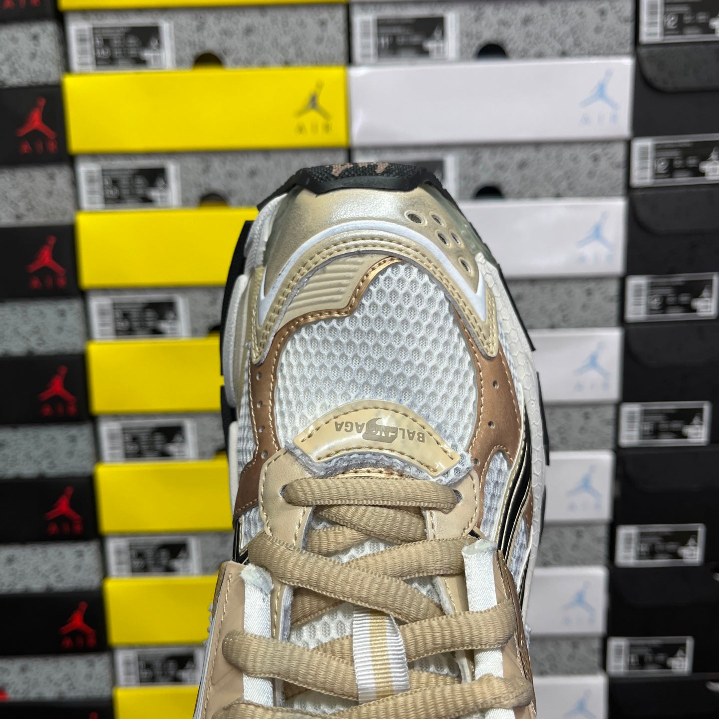 Balenciaga unisex sneaker heel and collar in light gold and white with laces