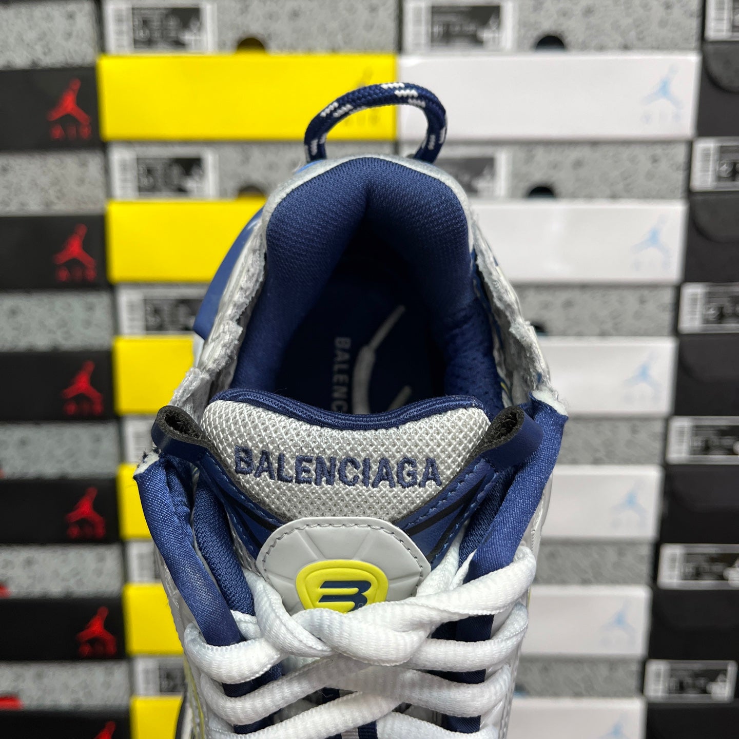 Unisex runner shoe interior heel, blue lining with BALENCIAGA logo and white laces