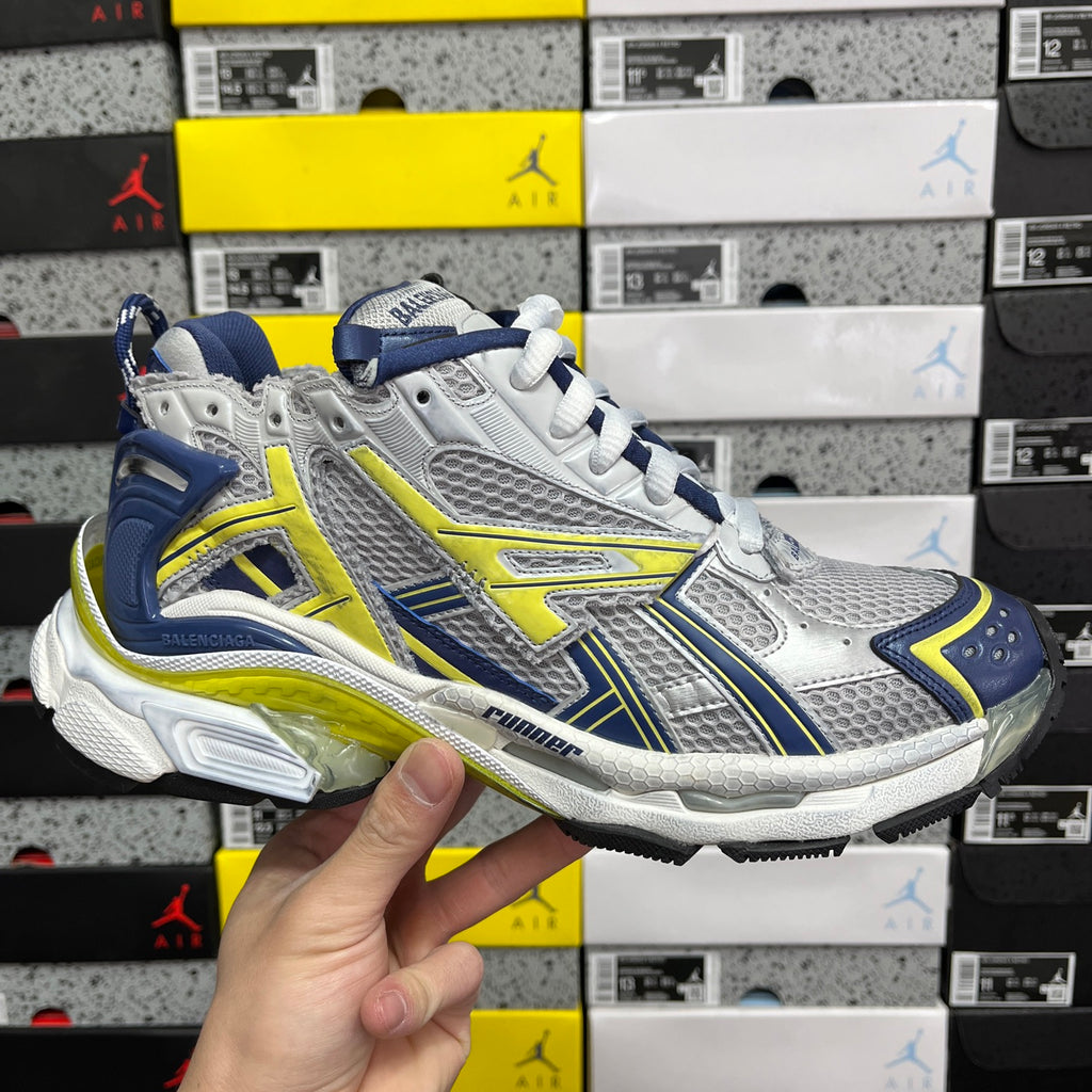 Unisex runner shoes, silver mesh with yellow-green accents, blue heel, white laces