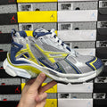 Unisex runner shoes, silver mesh with yellow-green accents, blue heel, white laces