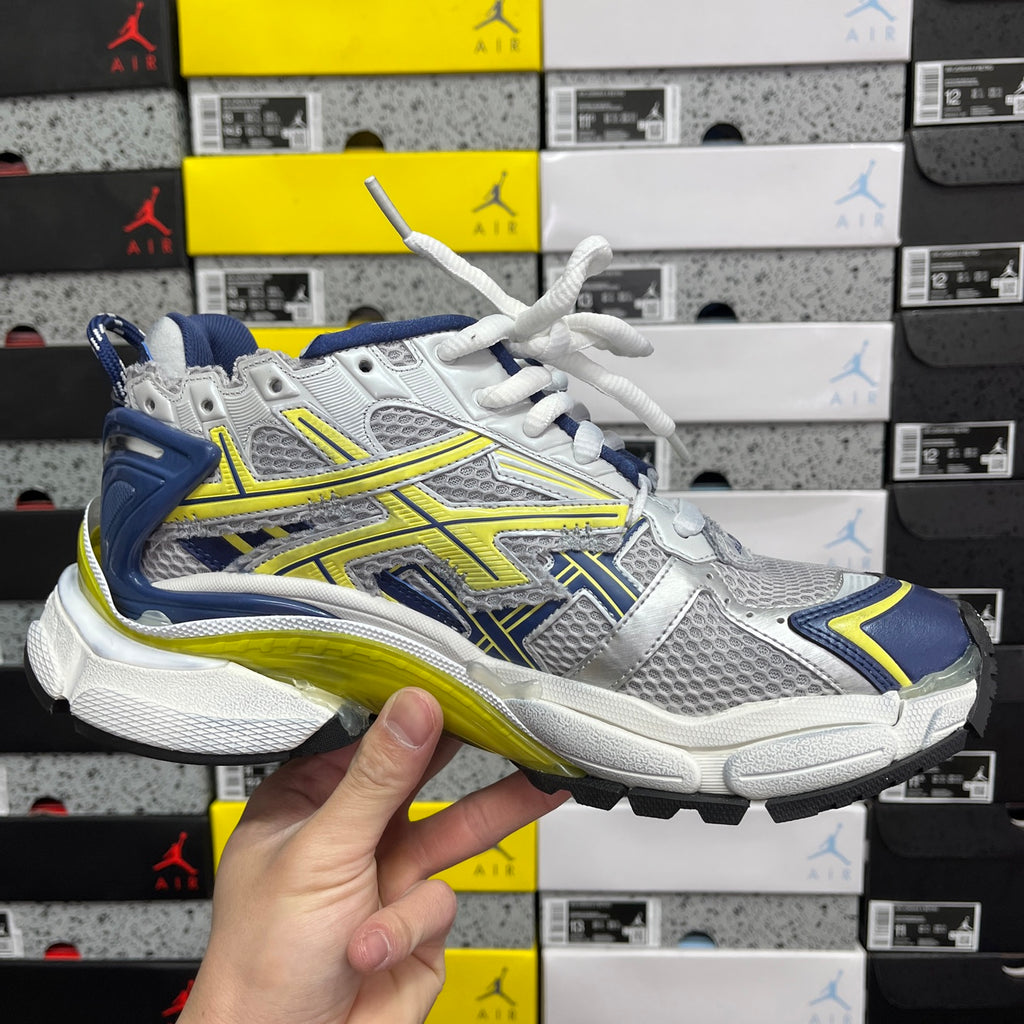 Unisex runner shoes front side view, silver mesh with blue panels and neon yellow-green