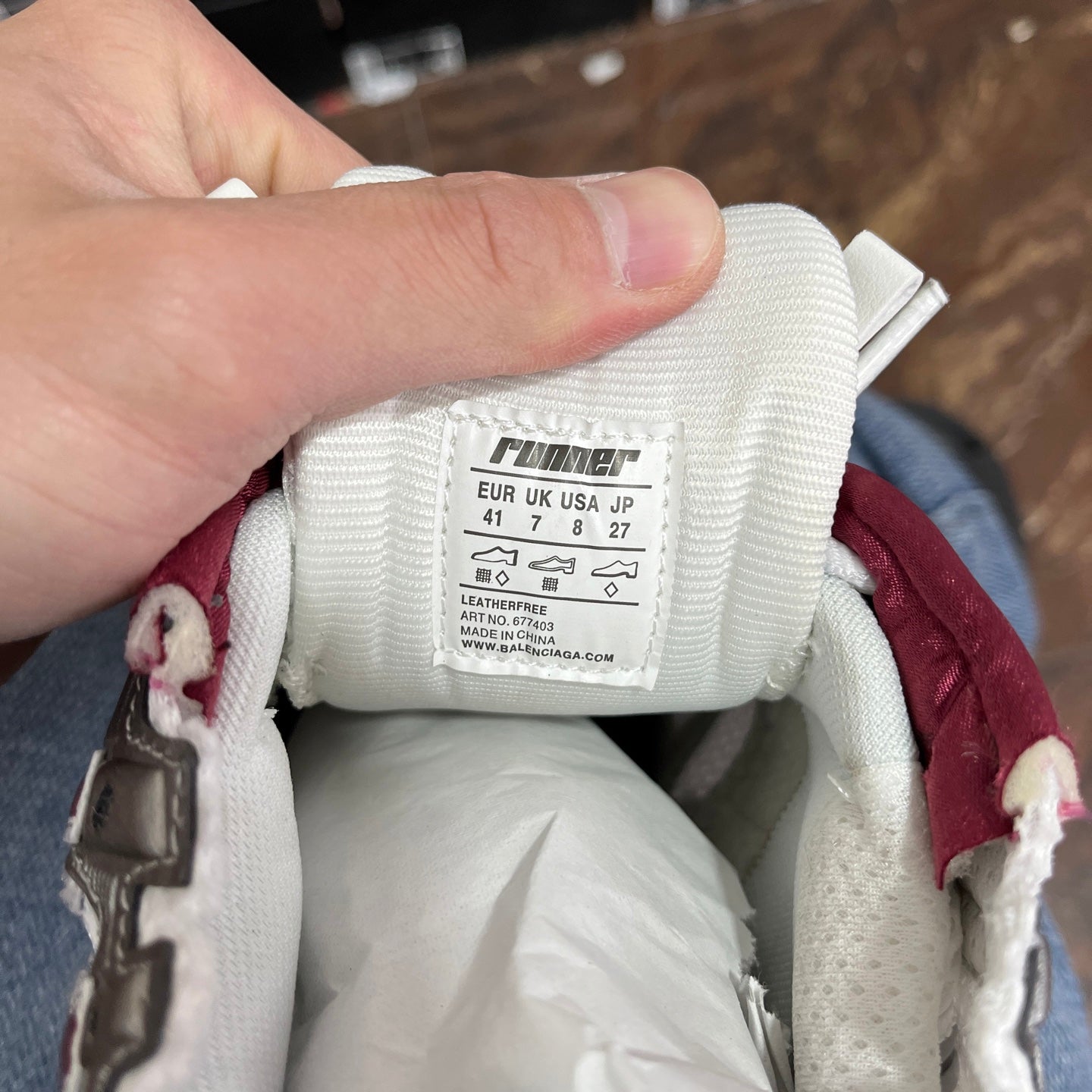 Balenciaga sneakers size label, 'Runner' branding, size 41, white fabric with burgundy trim