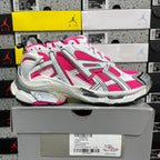 Chunky lace-up running sneakers, white and hot pink with gray stripe details