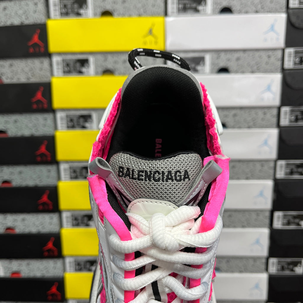 Lace-up running sneaker tongue and laces with white, hot pink, and black interior