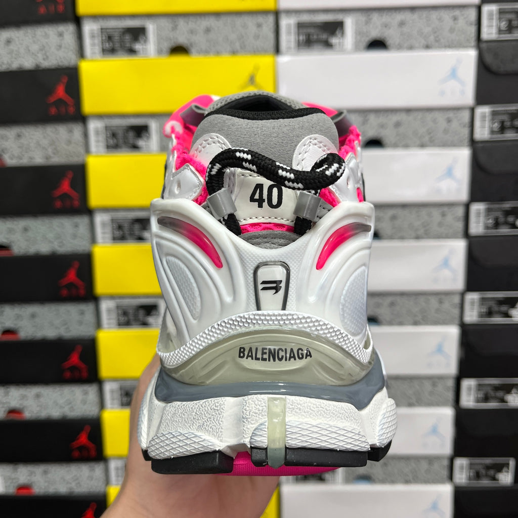 Back of BALENCIAGA lace-up running sneaker, white and hot pink with black heel