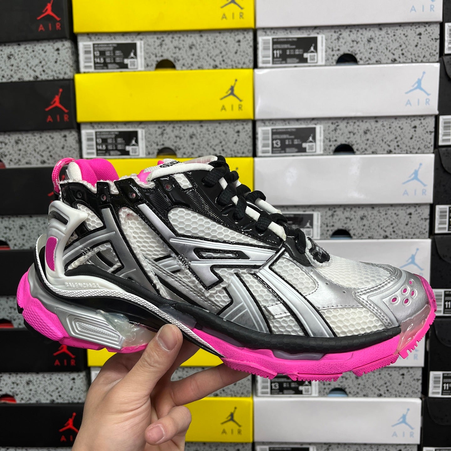 Balenciaga unisex sneakers, silver mesh with black panels and bright pink sole